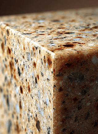 Close-up of a speckled natural stone benchtop edge